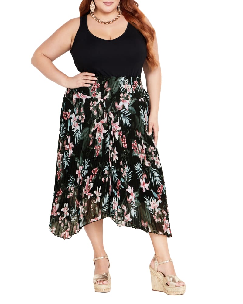 Front of a model wearing a size M SKIRT NATALIE PRT in Black Maya Tigerlily by City Chic. | dia_product_style_image_id:293965